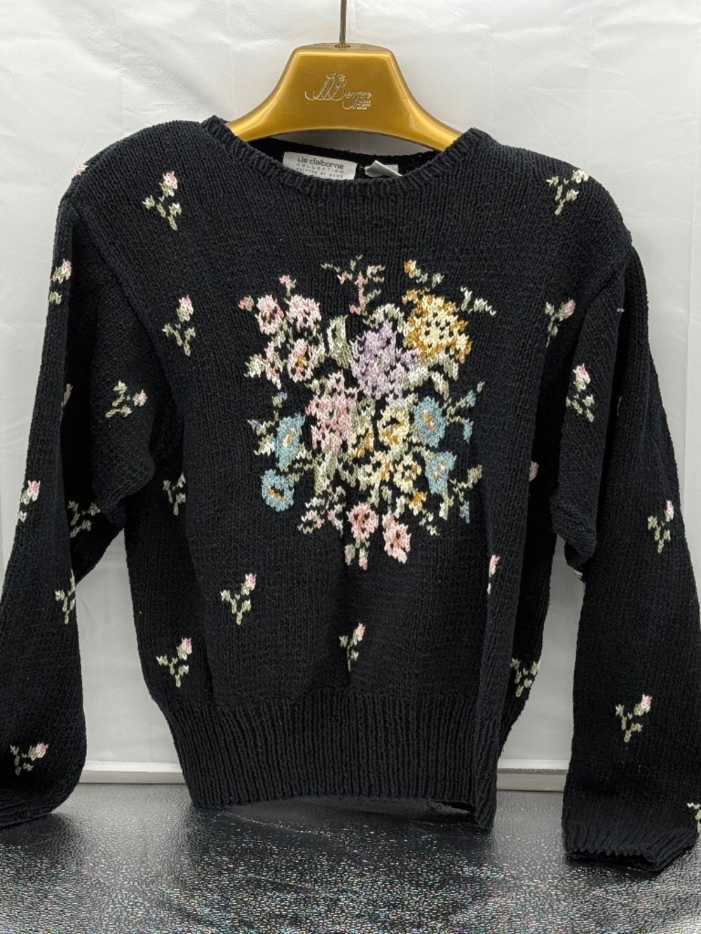 Liz Claiborne Hand Knitted Black Floral Silk and Cotton Sweater Small